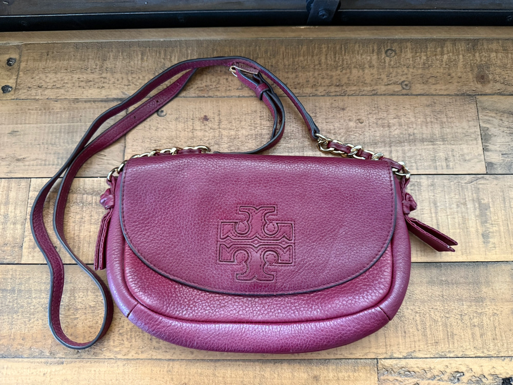 Tory Burch Crossbody Bag Womens Small Burgundy Pebbled Leather Tassel Logo
